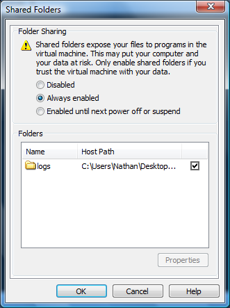 VMware Shared Folders Settings